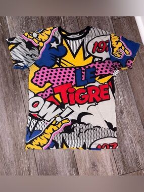 Vintage Le Tigre All Over Print Graphic Tee Pop Art Comic Style Y2K Streetwear M
